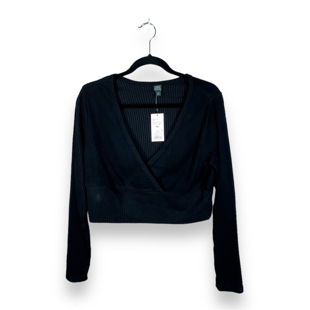 NEW XXL JUNIORS WILD FABLE BLACK RIBBED CROP TOP LONG SLEEVE STRETCH